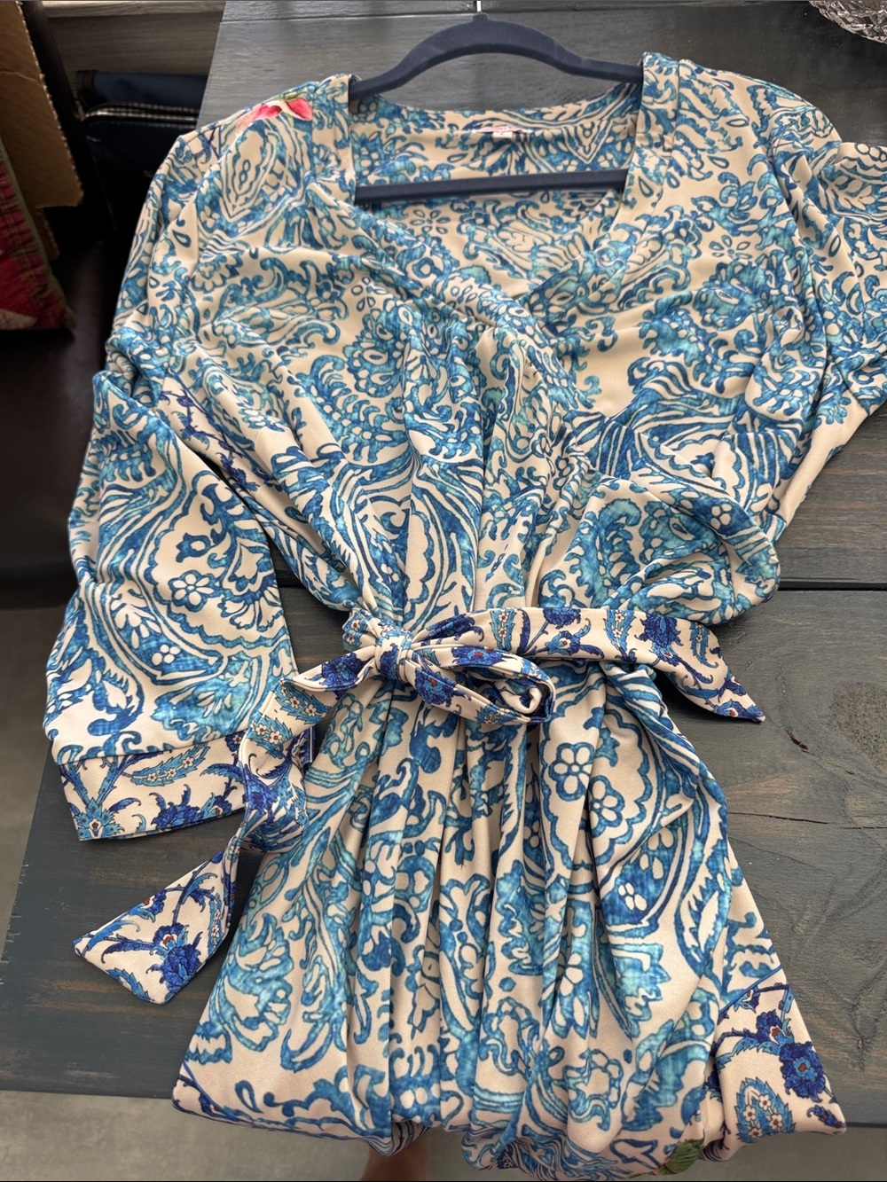 Johnny Was Deleal Blue and Cream Paisley Midi Wrap Dress